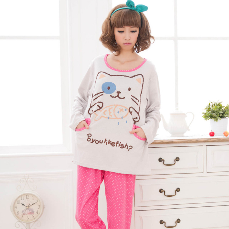 Spring casual outdoor 100% cotton sleepwear big cat women's lounge twinset Free Shipping