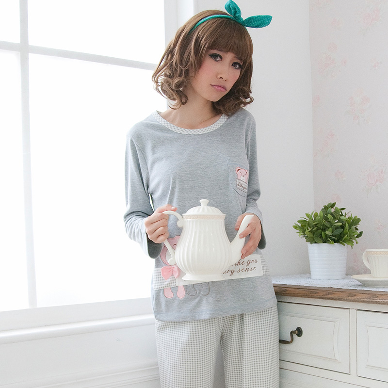 Spring casual outdoor 100% cotton sleepwear check women's long-sleeve lounge twinset Free delivery