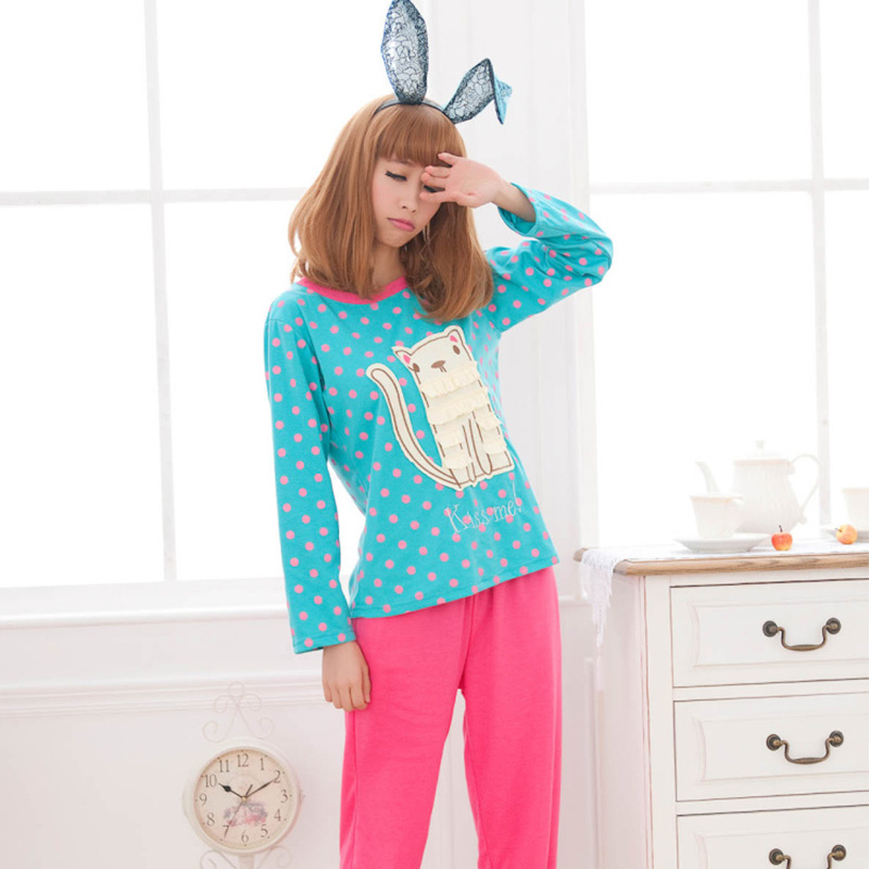 Spring casual outdoor 100% cotton sleepwear dot applique cat women's long-sleeve lounge twinset Free delivery