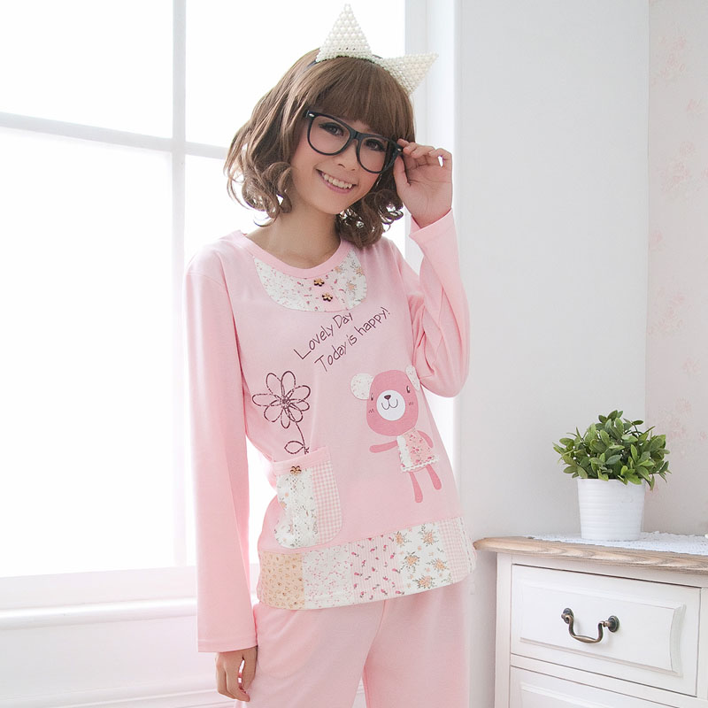 Spring casual outdoor 100% cotton sleepwear flower pot small powder women's long-sleeve lounge twinset Free delivery