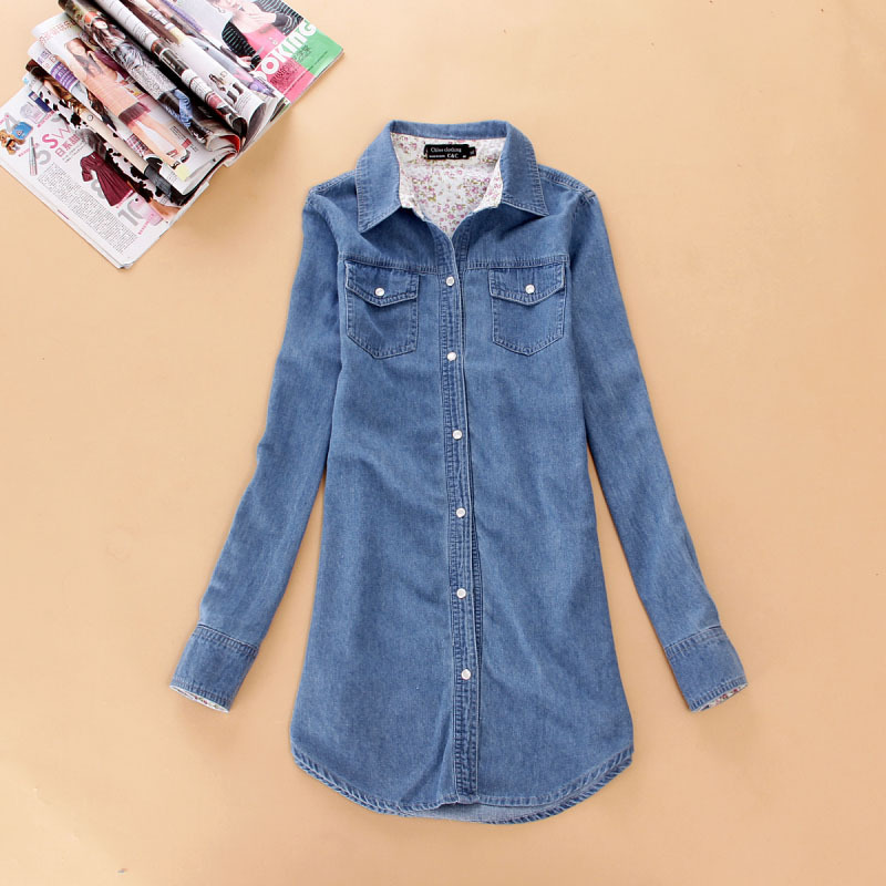 Spring casual women's straight long-sleeve denim shirt medium-long denim shirt $27.31