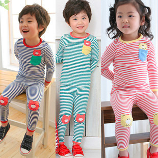 Spring children's clothing male child female child bear stripe lounge baby sleepwear underwear set cy1215