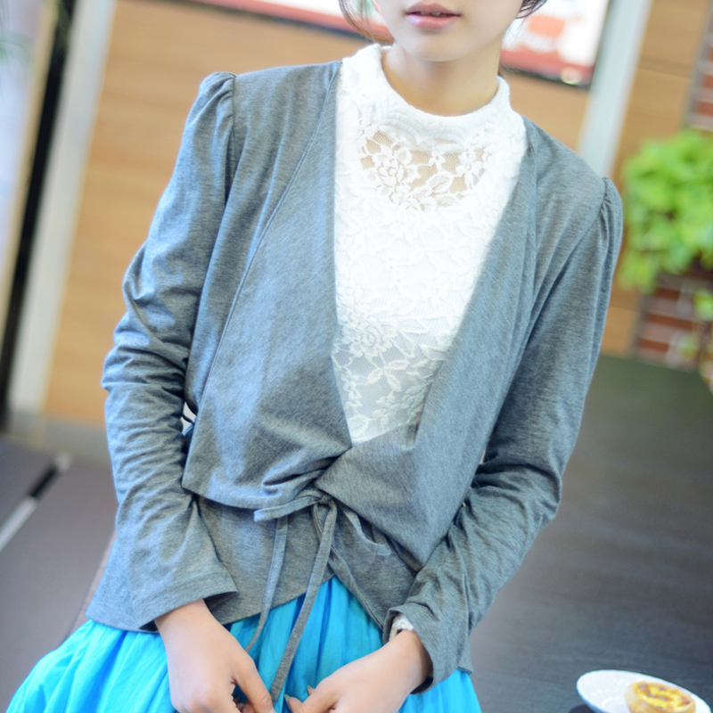 Spring Dark gray lacing small open-neck cotton long-sleeve 100% w11014 knitted coat