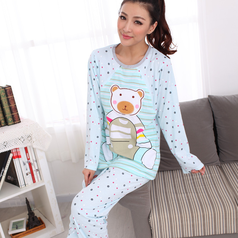 Spring dot bear 100% cotton super soft sleepwear maternity clothing cartoon casual women suit nursing set Free delivery