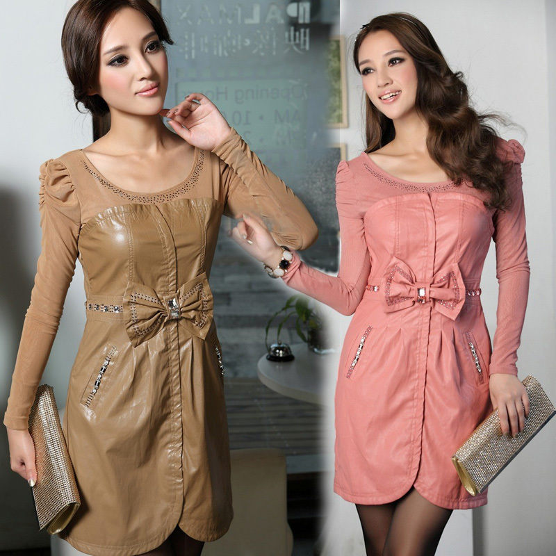 Spring dress new arrival 2013 fashion leather skirt patchwork knitted one-piece dress autumn long-sleeve rhinestones