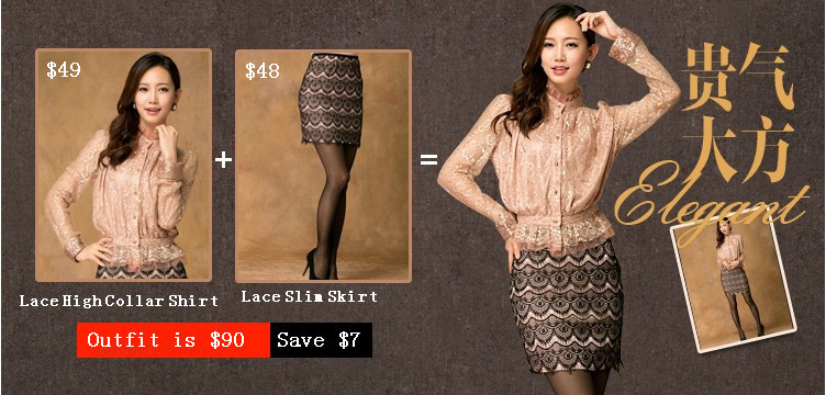 spring economical elegant outfit free shipping lace skirt and shot style high collar shirt