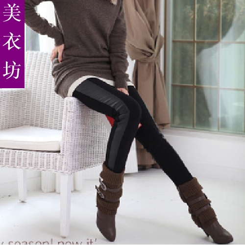 Spring elastic legging plus velvet thickening patchwork leather pants slim female long legging