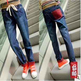 Spring elastic waist roll up hem check loose straight casual dark color women's denim trousers pants 669