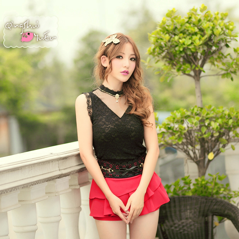 Spring fashion leather cutout cummerbund irregular ruffle bust skirt trousers shorts