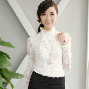 Spring fashion long-sleeve slim ruffle lace stand collar female elegant lace shirt top