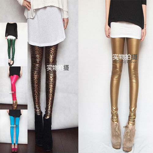 Spring fashion multicolour seamless leather matt high waist tight fitting  faux leather leopard print leggings Free shipping