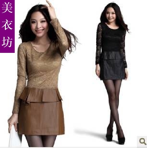 Spring fashion patchwork slim waist slim hip leather skirt new arrival slim long-sleeve lace one-piece dress