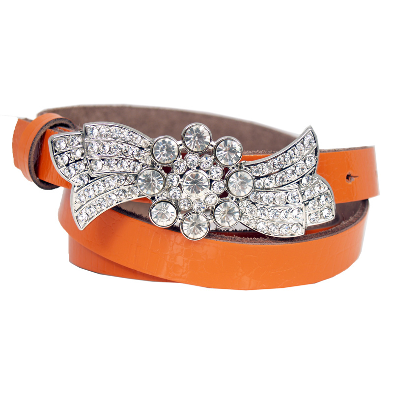 Spring fashion rhinestone women's flower decoration thin all-match belt japanned leather cowhide genuine leather strap