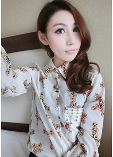 Spring fashion rivet decoration vintage print chiffon shirt