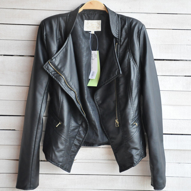 Spring fashion water wash PU stand collar short motorcycle jacket design Women outerwear slim small leather clothing outerwear