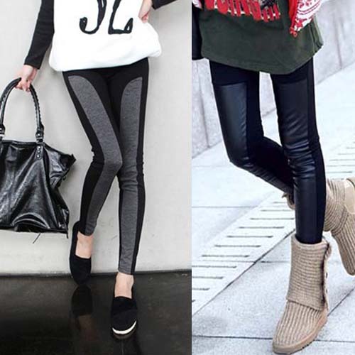 Spring female faux leather patchwork legging ankle length trousers leather pants cotton leather patchwork long trousers