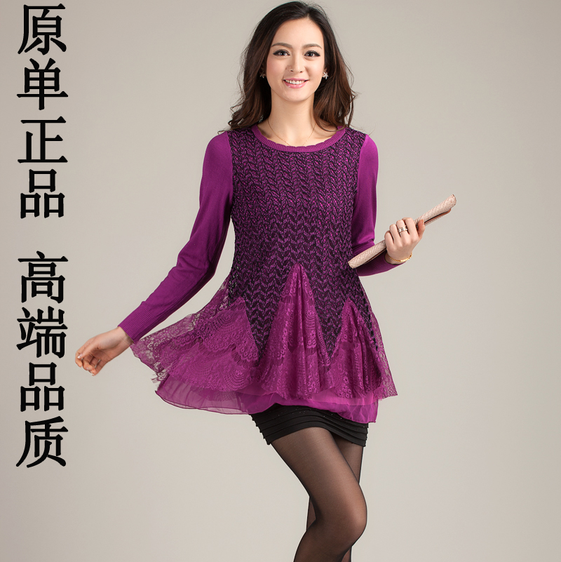 Spring female medium-long low o-neck long-sleeve sweater lace chiffon patchwork free shipping