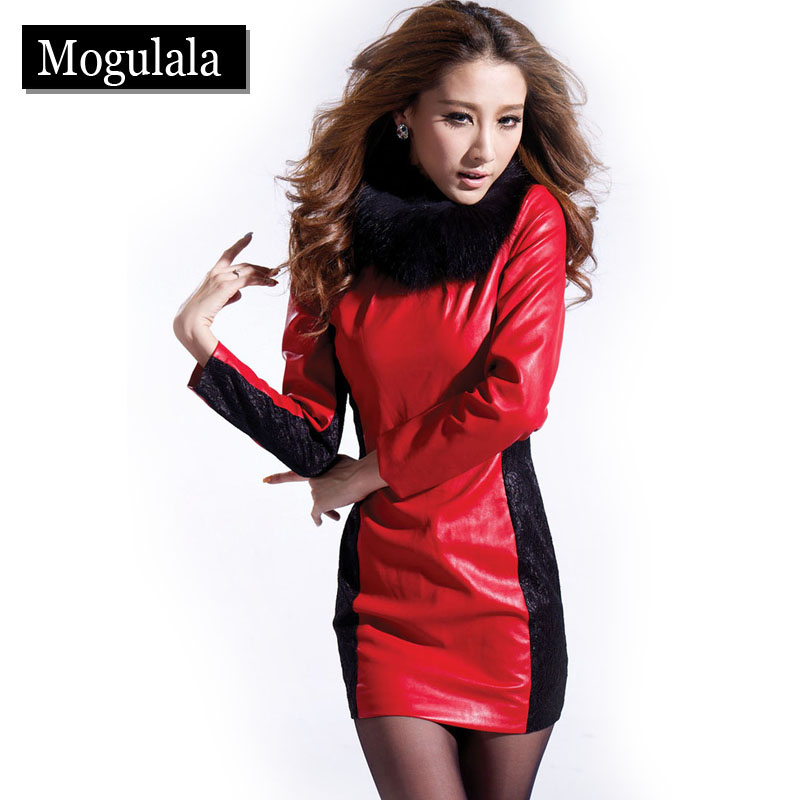 Spring free shipping DHL/EMS Elegant fashipn fur collar long-sleeve lace patchwork leather slim waist one-piece dress