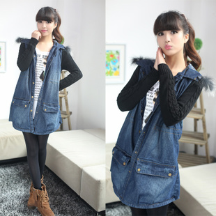 Spring fur collar hooded knitted yarn long-sleeve large pocket long design denim outerwear trench