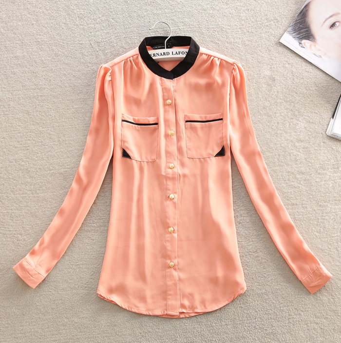 Spring go - large pocket chiffon shirt candy color block decoration gold buckle long-sleeve shirt