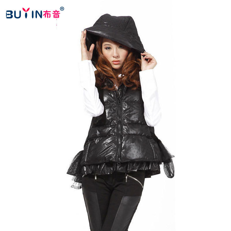 Spring high quality fashion gentlewomen lace with a thermal hood down vest female