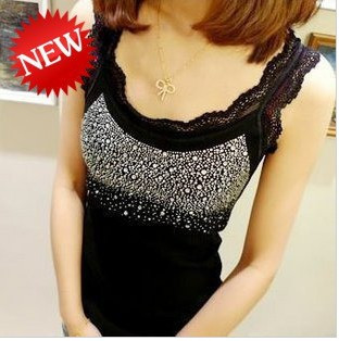 Spring lace decoration rhinestones solid color all-match spaghetti strap basic shirt tank f0018