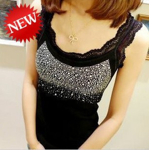 Spring lace decoration rhinestones solid color all-match spaghetti strap vest basic shirt tank 75g