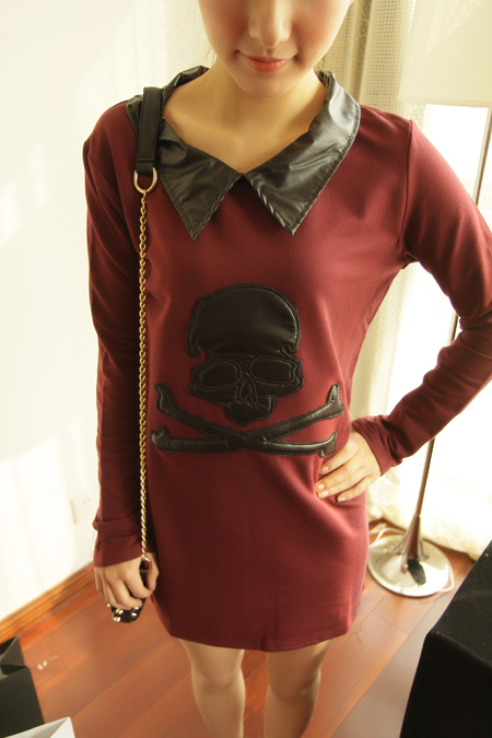 Spring leather turn-down collar long-sleeve medium-long slim hip t-shirt fashion long-sleeve t