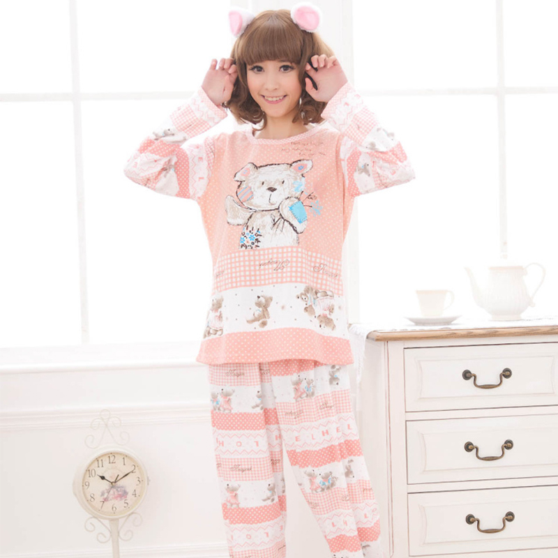 Spring leisure outdoor 100% cotton women pajamas cartoon bear big women's leisure twinset free delivery 2020