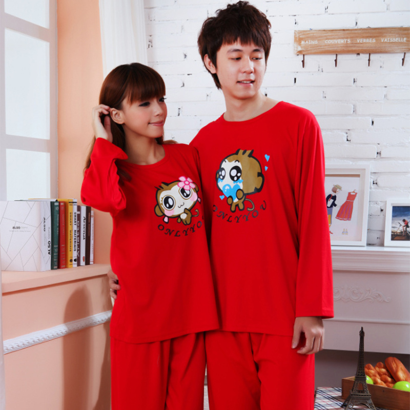 Spring lovers casual sleepwear cartoon hiphop monkey red festive lounge twinset Free delivery