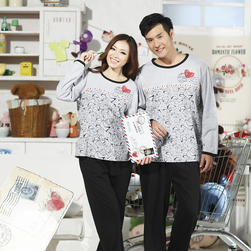 Spring lovers long-sleeve lounge set heart knitted cotton male women's sleep set Free delivery