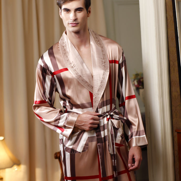 Spring male long-sleeve silk sleepwear silk sexy robe bathrobes cool check