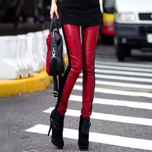 Spring maroon butterfly embroidery leather black velvet legging skinny pants