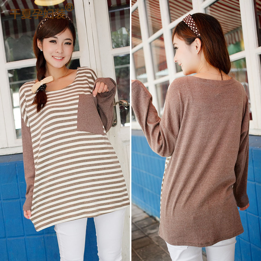 Spring maternity clothing clothes loose stripe batwing sleeve knitted long-sleeve T-shirt