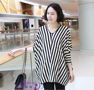 Spring maternity clothing maternity plus size broadened t-shirt maternity stripe V-neck batwing shirt top