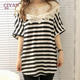 Spring maternity clothing maternity t-shirt lace maternity upperwear spring stripe short-sleeve