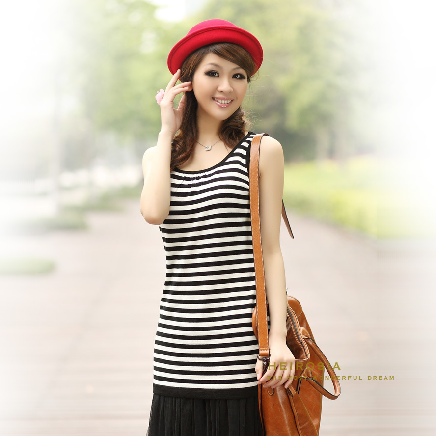 Spring medium-long black and white stripe woven vest all-match shirt basic shirt women's