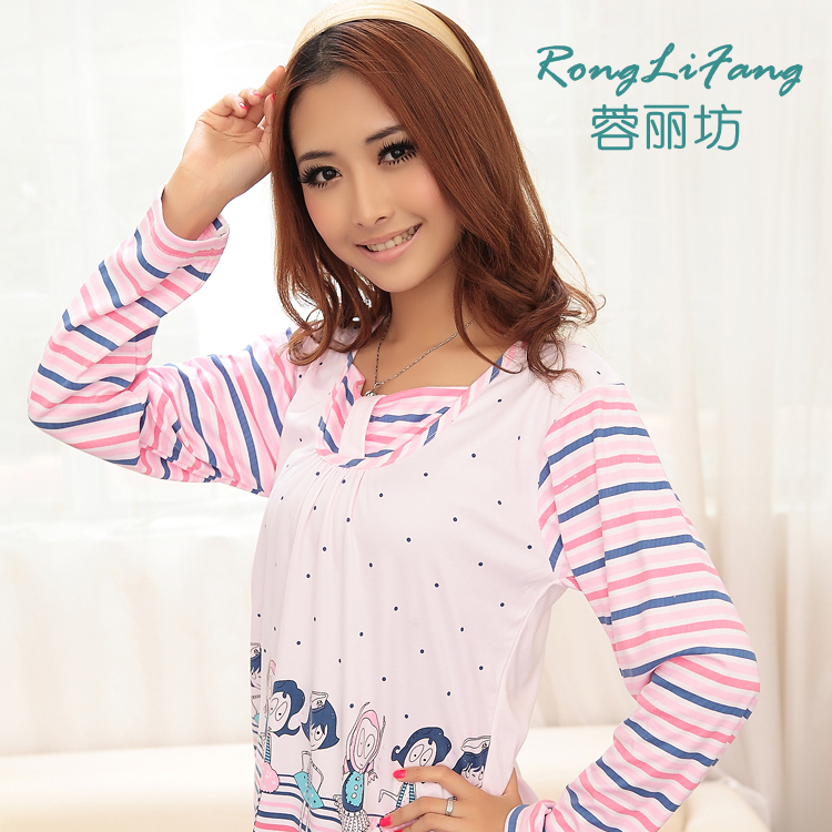 Spring milk, silk plus size cartoon print stripe long-sleeve sleepwear lounge set