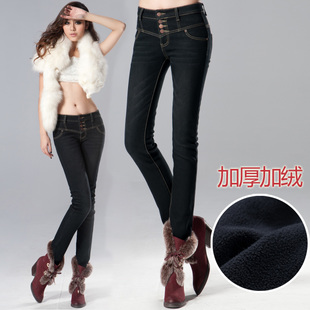 Spring new arrival breasted high waist plus velvet jeans female tight skinny pants plus size thickening warm boots pants