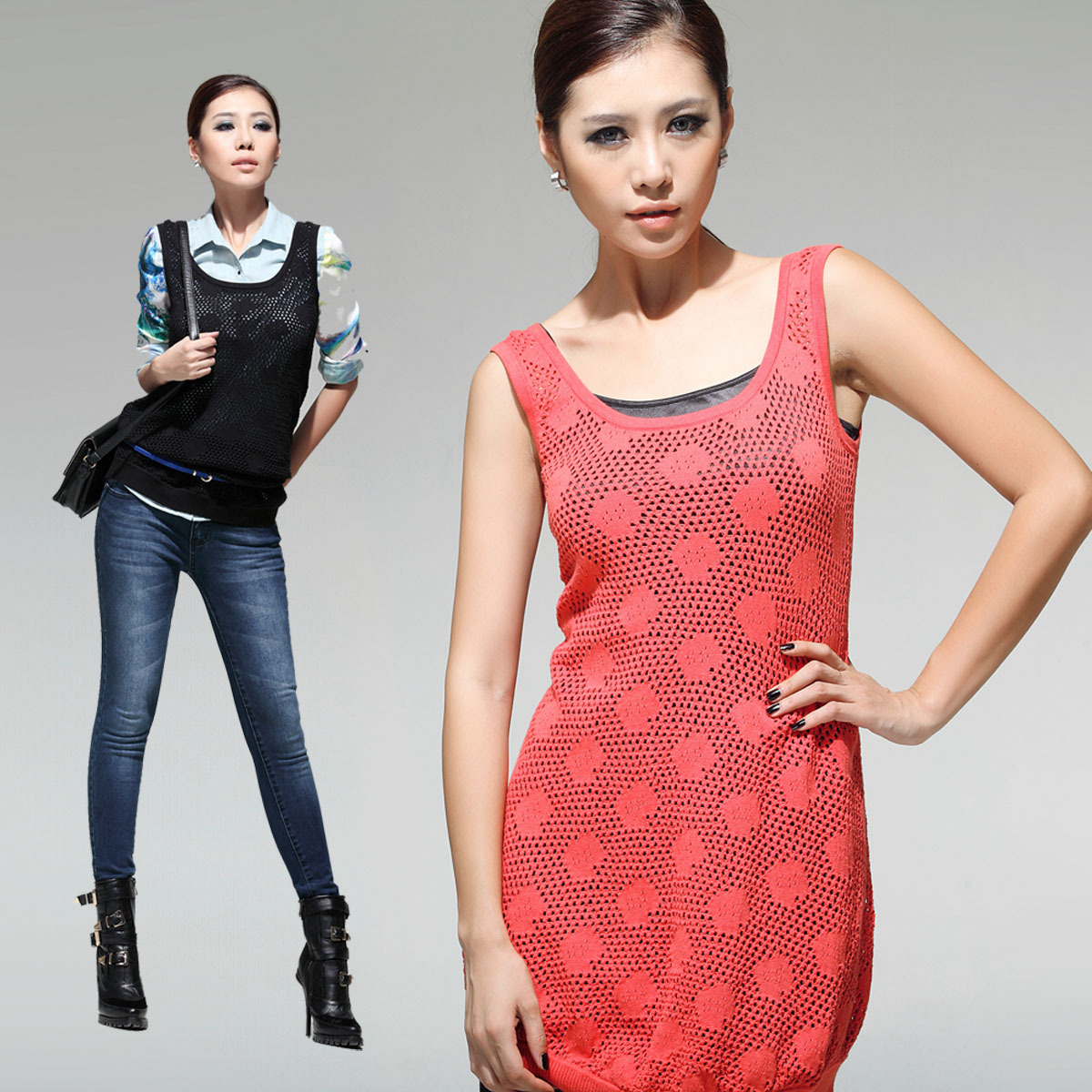 Spring new arrival brief cotton top female medium-long wool sweater solid color small cutout flower tank dress