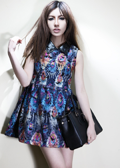 Spring new arrival elegant bright color flower colorant match faux leather high waist slim woolen sleeveless tank dress