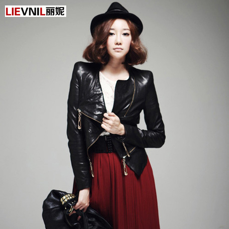 Spring new arrival hot-selling motorcycle leather clothing o-neck women's short design slim PU outerwear