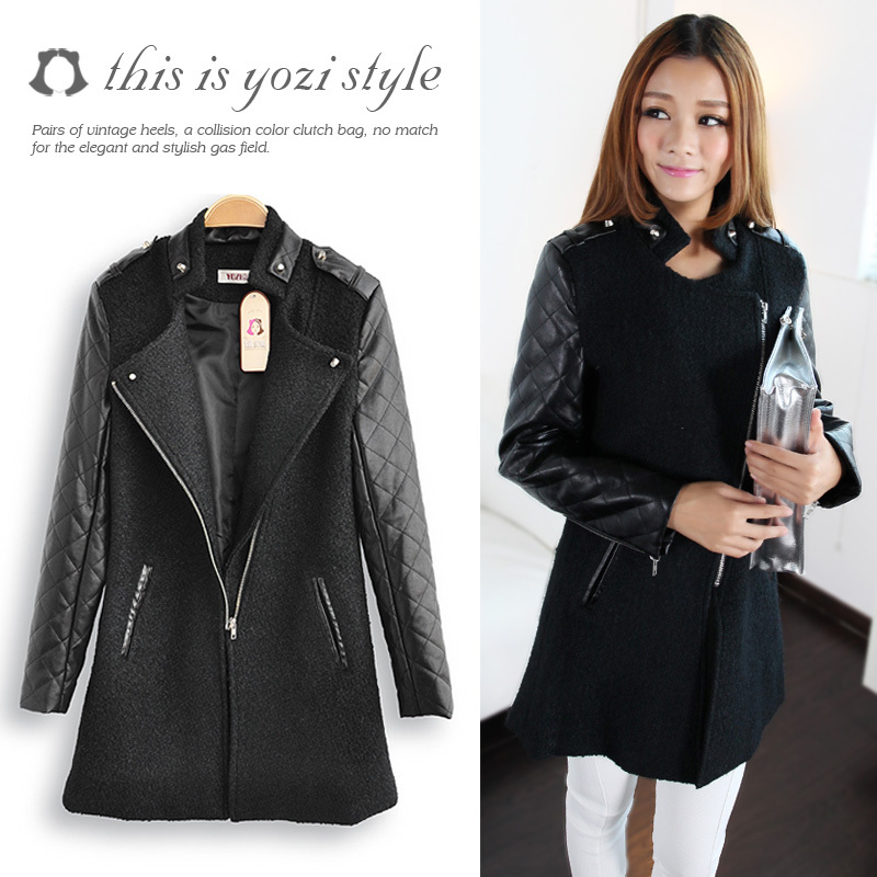 Spring new arrival leather woolen patchwork outerwear woolen top zd031