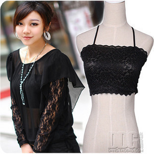 Spring new arrival sexy translucent lace flower mesh tube top spaghetti strap tube top free shipping