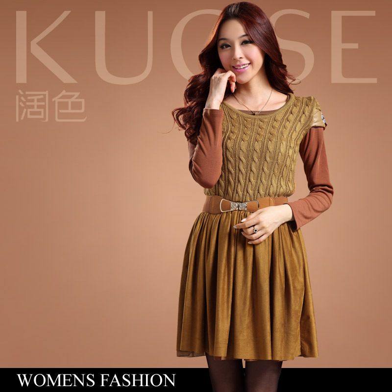 Spring new arrival women's thread knitted patchwork leather short-sleeve dress