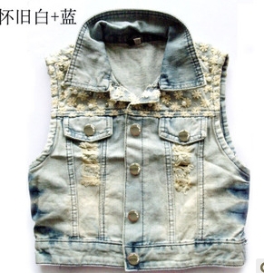 Spring new female Korean fashion ladies nail bead denim waistcoat, plus size vest lace vest small coat