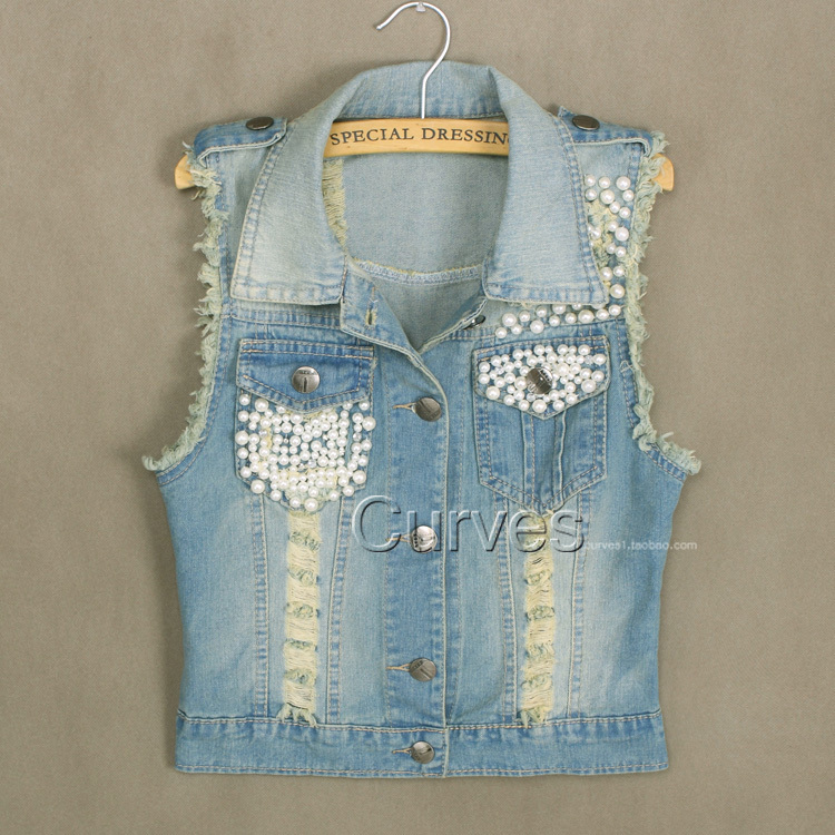 Spring new female Korean fashion ladies nail bead denim waistcoat, plus size vest waistcoat vest small coat