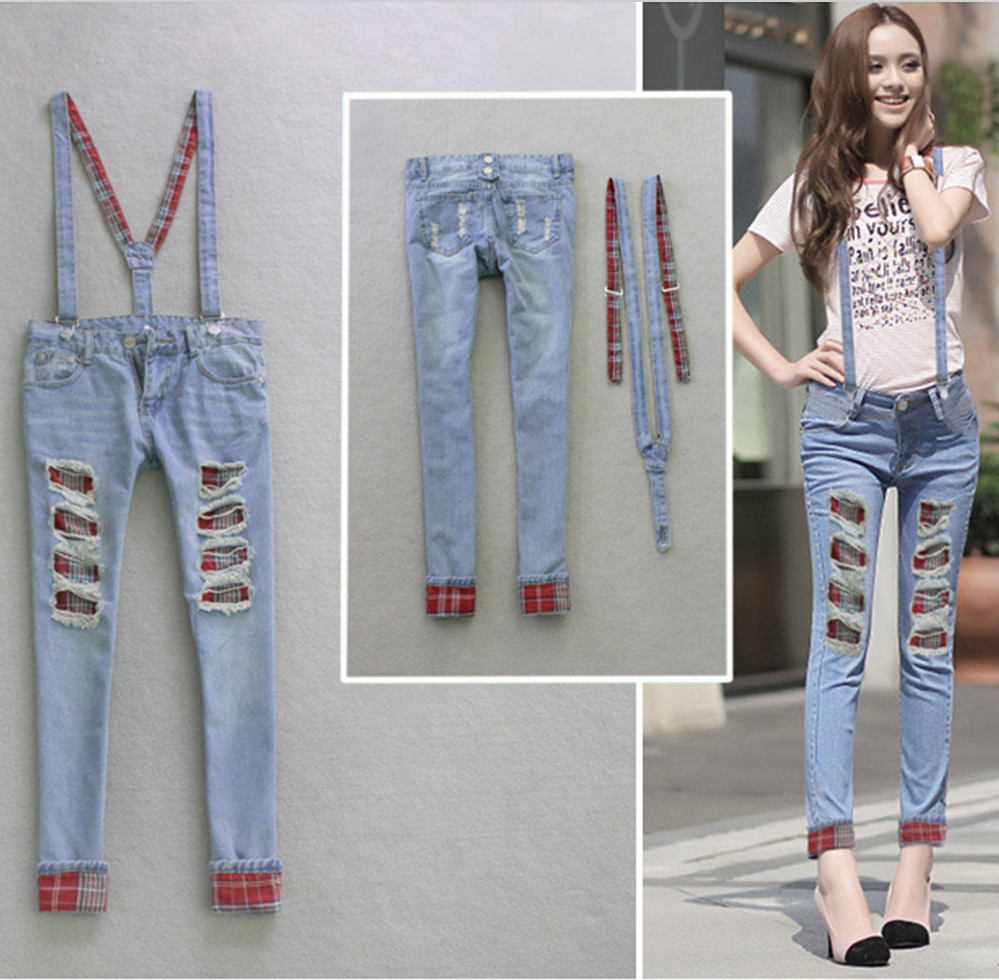 Spring new female Korean jeans frayed hole patch Slim was thin foot Bib