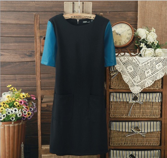 Spring new leather sleeve double pocket  short-sleeved dress