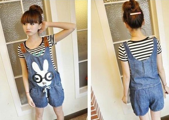 Spring New Women  Ladies Drawstring Shorts Glasses Rabbit Pattern Denim Jumpsuits Rompers Shorts  Jean,D16+Free Shipping